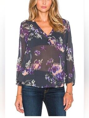 Joie Silk Gray Floral V-Neck Blouse with Purple and Pink Accents
